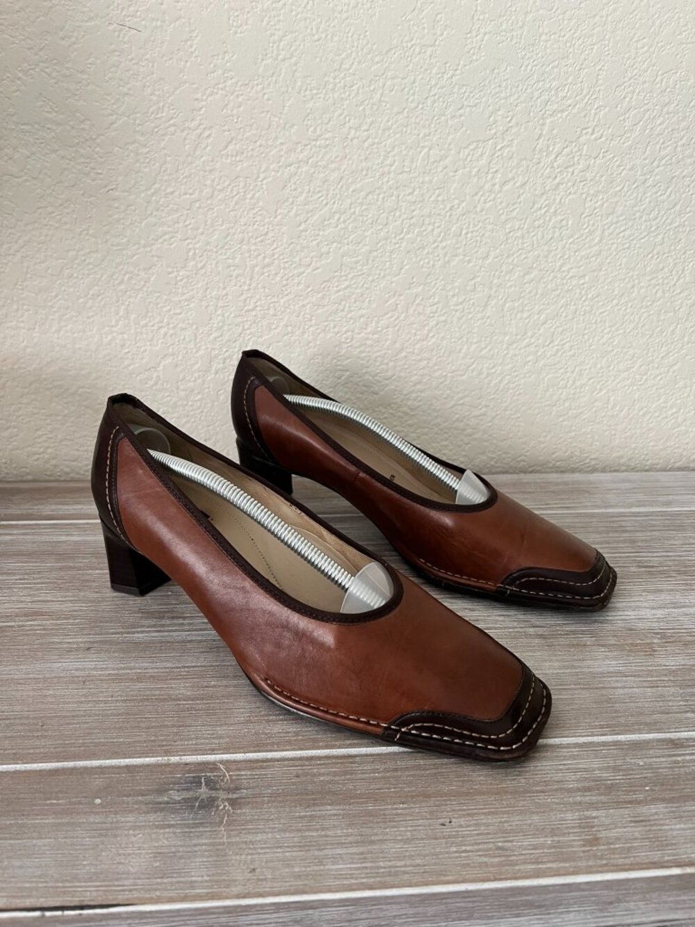 Ara Germany Relax Flex Leather Pumps Brown Square Toe Block Heel UK 5.5 G US 8